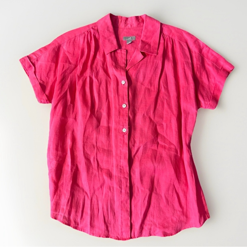 J. Jill Sz S Barbiecore Pink 100% Linen Short Cuff Sleeve Button‎ Up
